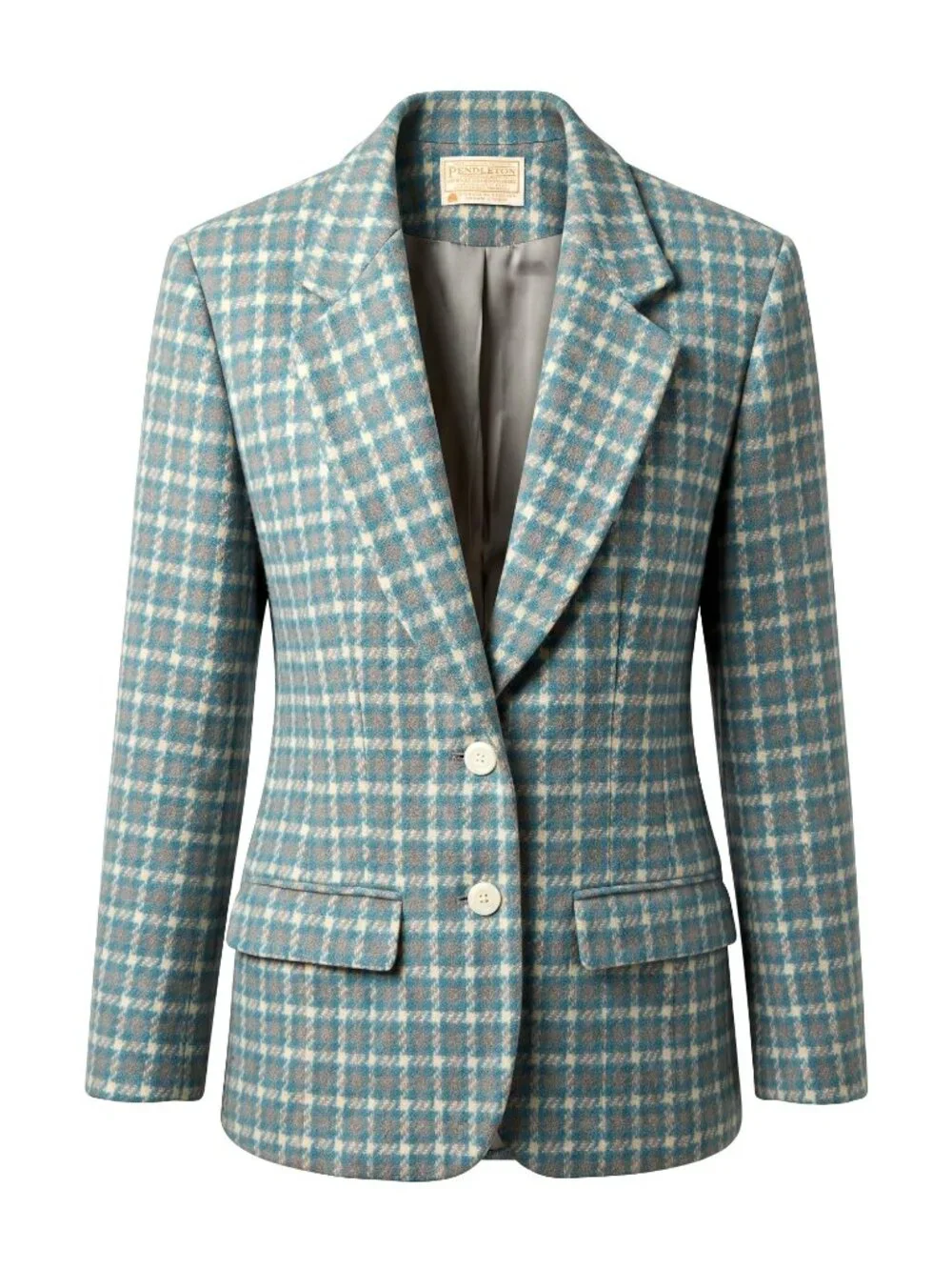 Vintage Pendleton USA Virgin Wool Plaid Blazer Turquoise Cream Womens 6 EUC